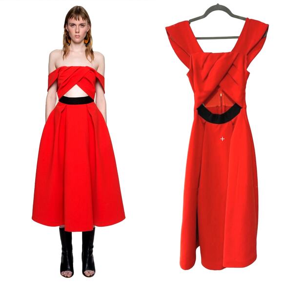 Self-Portrait Dresses & Skirts - Self-Portrait US2 UK6 Ayelette Cutout Double-Crepe Dress $640 Off Shoulder Red